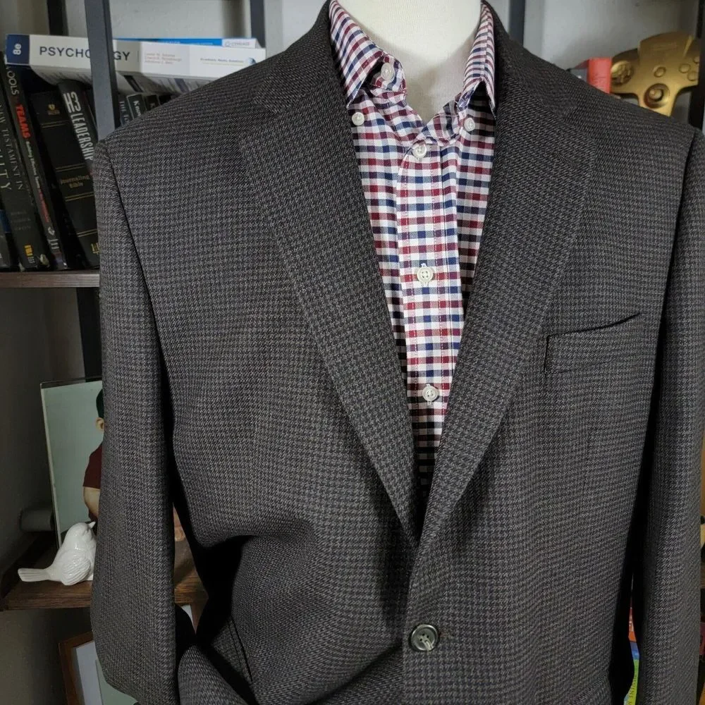 Chaps Men's Tweed Sport Coat Blazer Two Button Twill Houndstooth Brown Wool 46R‎